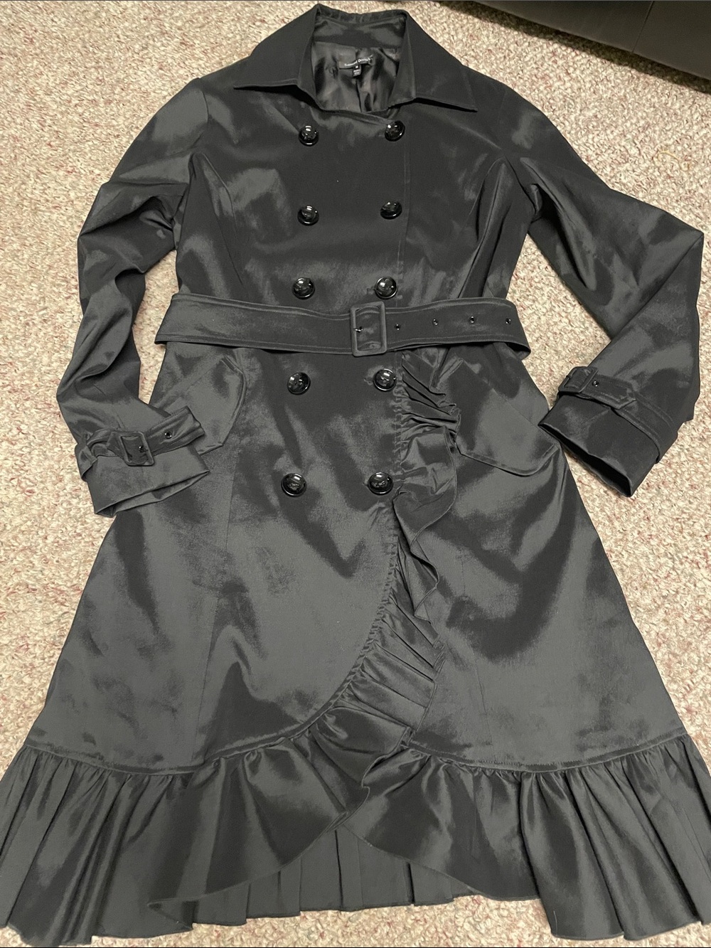 Samuel dong Women's Black Double-Breasted Ruffle belted Trench coat - new